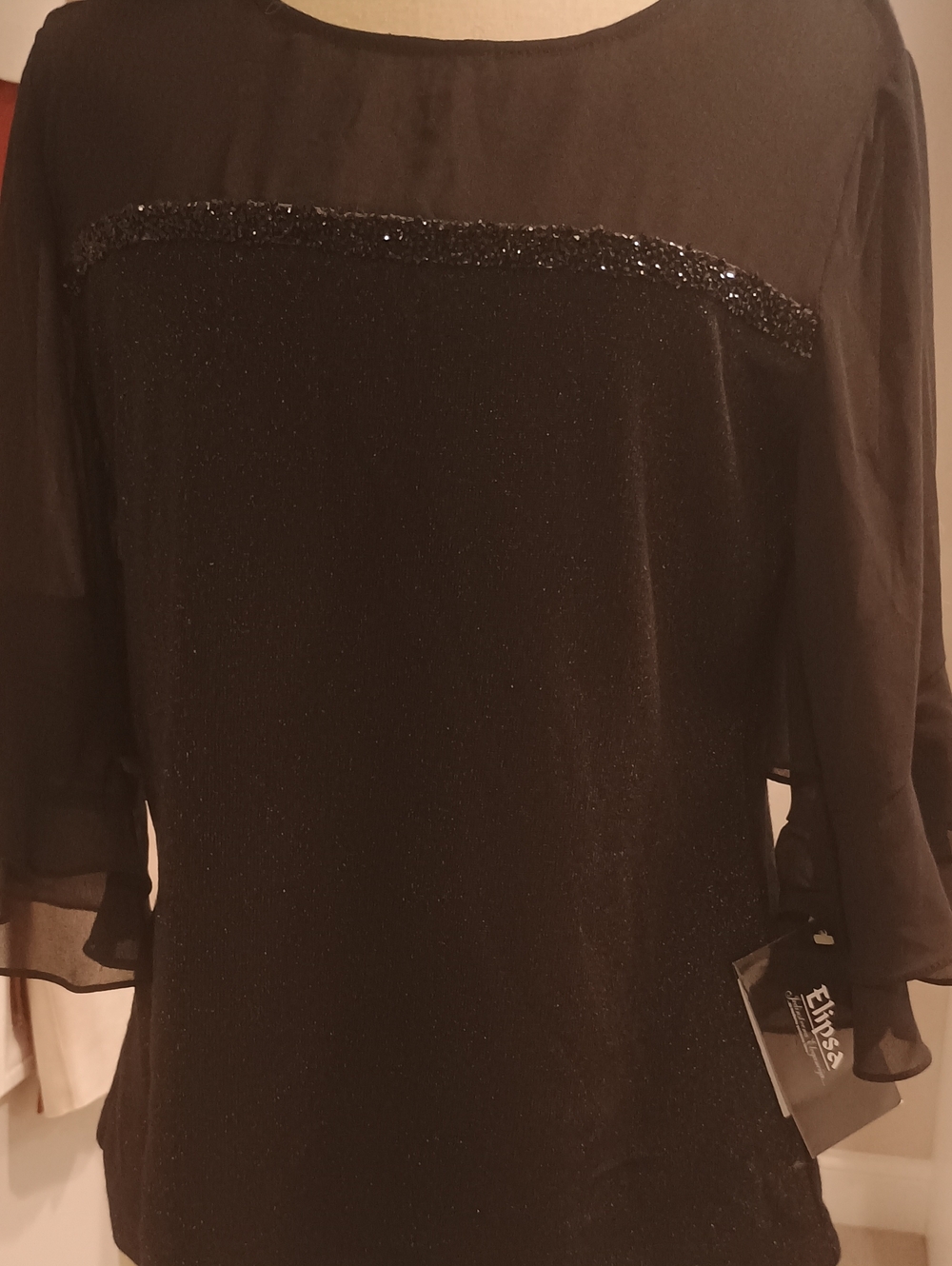 NWT Sparkle-Trim Black Women's Sheer Sleeve Blouse